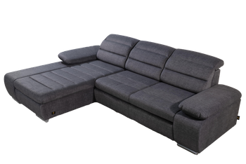 Narożnik trzyosobowy  L-kształtny  z funkcją spania + pojemnik na pościel + regulowane zagłówki + regulowane podłokietniki kolor szary SILVER