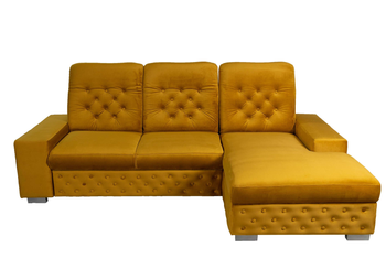 Nowoczesny trzyosobowy narożnik L-kształtny z funkcją spania + pojemnik na pościel + regulowane zagłówki musztardowy TENDER S