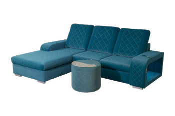 Narożnik trzyosobowy  L-kształtny z funkcją spania + pojemnik na pościel + regulowane zagłówki + Ledy + USB kolor niebieski MAGIC