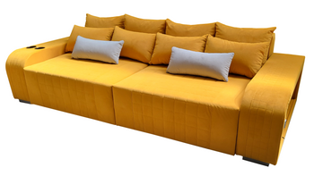 Sofa z funkcją spania + pojemniki na pościel + USB + CUP HOLDER + LEDY  kolor miodowy GRANDE
