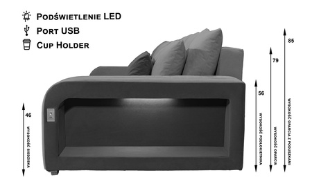 Sofa z funkcją spania + pojemniki na pościel + USB + CUP HOLDER + LEDY  kolor miodowy GRANDE
