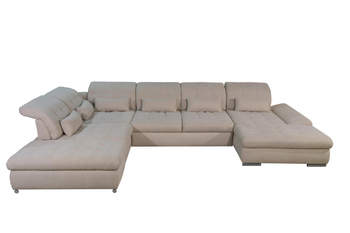 Narożnik sześcioosobowy  U-kształtny z funkcją spania + pojemnik na pościel + regulowane zagłówki kolor kremowy  HAGA U