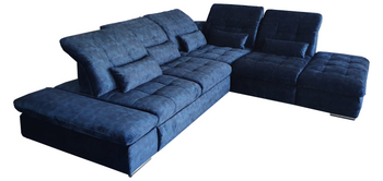 Narożnik pięcioosobowy L-kształtny  z funkcją spania + pojemnik na pościel + regulowane zagłówki + regulowane oparcie kolor niebieski HAGA