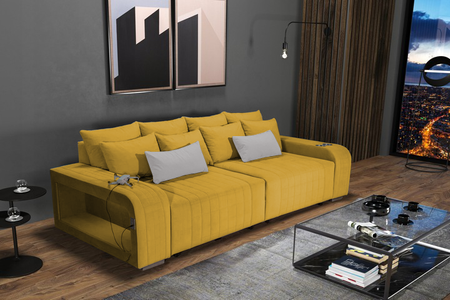 Sofa z funkcją spania + pojemniki na pościel + USB + CUP HOLDER + LEDY  kolor miodowy GRANDE
