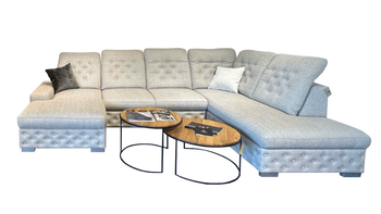 Nowoczesny sześcioosobowy  narożnik U-kształtny z funkcją spania + pojemniki na pościel + regulowane zagłówki kolor beżowy TENDER XL